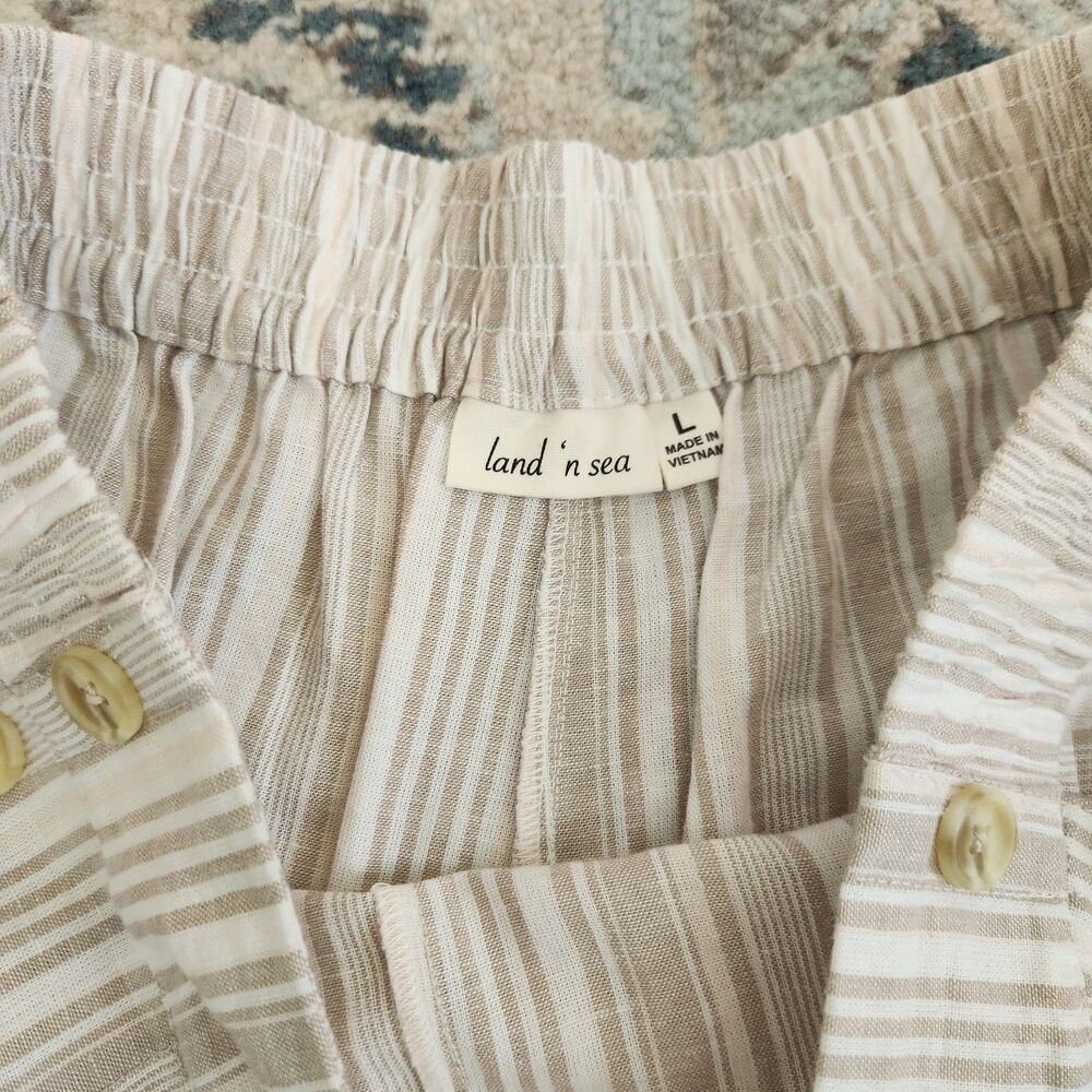 Land 'n Sea Wide Leg Pants Womens L Linen Blend Elastic White Beige Stripes - Picture 3 of 11